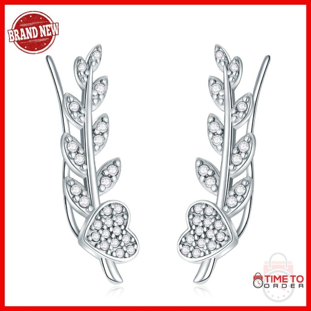 925 Sterling Silver Heart Leaf Ear Climber Cuff Earrings with Cubic Zirconia